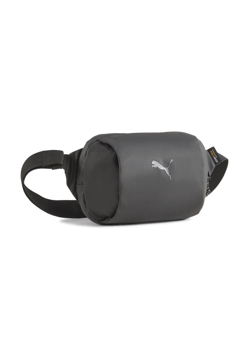 Gray pouch bag made from durable fabric, featuring a cylindrical shape, adjustable strap, and a silver Puma logo on the front.