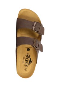 Brune lædersandal med to justerbare spænder, kontureret indersål og hukommelsesskum. Fremstillet i Spanien.