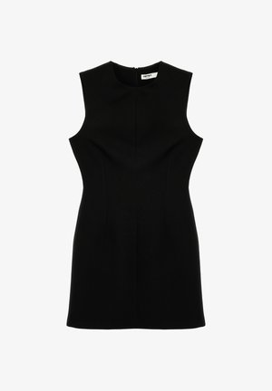 Mouwloze zwarte mini-jurk met een aansluitende silhouet, ronde halslijn en ritssluiting aan de achterkant.