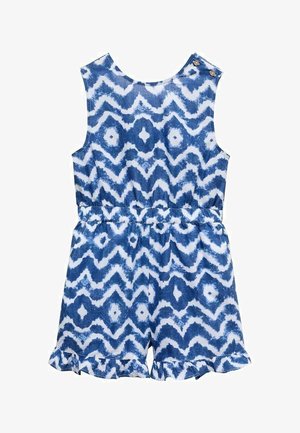 Ärmelloser blau-weißer Jumpsuit mit Zickzackmuster, Knopfschulterriemen, elastischer Taille und gerüschten Säumen an den Shorts.
