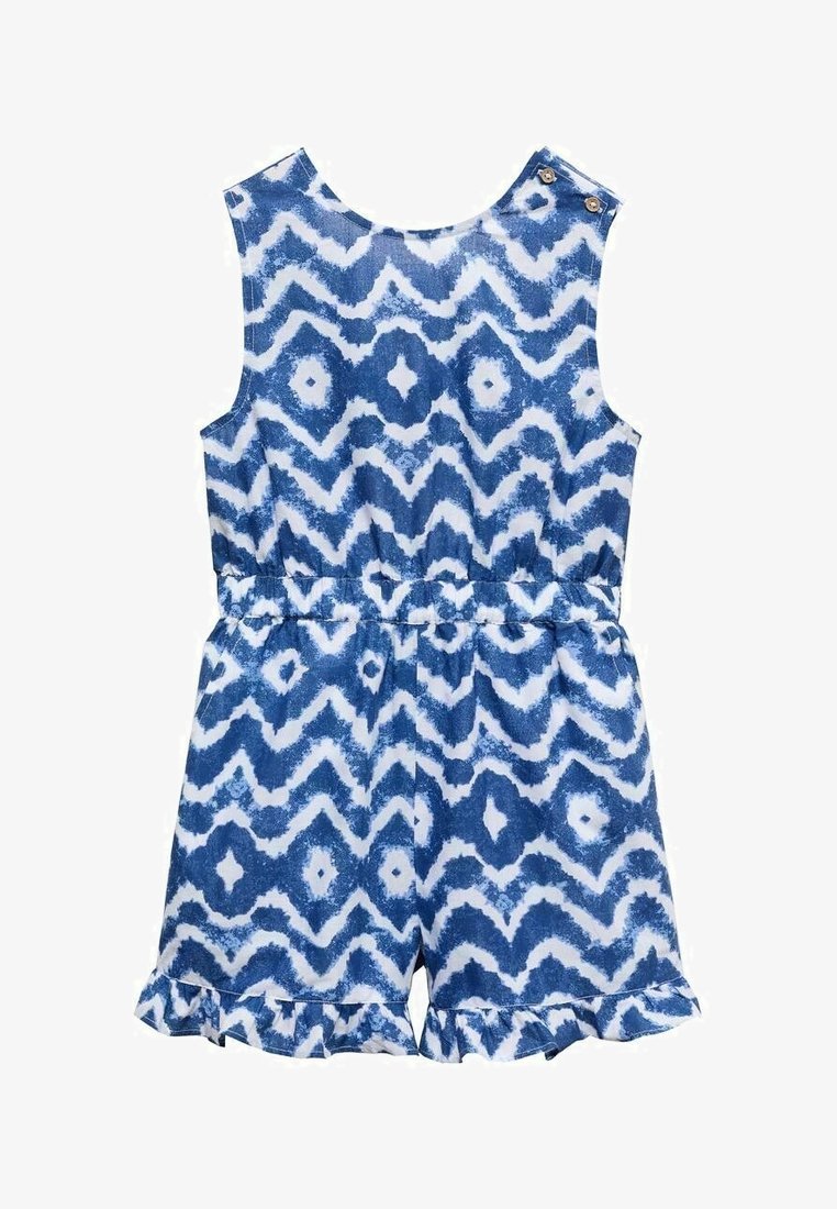 Combinaison sans manches à motif zigzag bleu et blanc avec bretelles à boutons, taille élastique et volants aux ourlets du short.