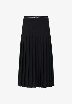 Black pleated midi skirt made of smooth fabric, featuring a fitted waist with a narrow belt and metallic buckle detail.