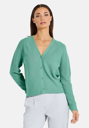 Hellgrüner Cardigan mit V-Ausschnitt, langen Ärmeln und vorderen Knopfverschlüssen. Verfügt über einen strukturierten Strickstoff und eine lässige Passform.