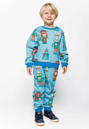 Blue sweatshirt and pants set featuring colorful robot patterns, made from soft fabric, with ribbed cuffs and a round neck.