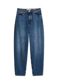 Jean en denim bleu à jambe droite avec poches avant, passants de ceinture, fermeture à bouton et détails décolorés sur les cuisses et les genoux.