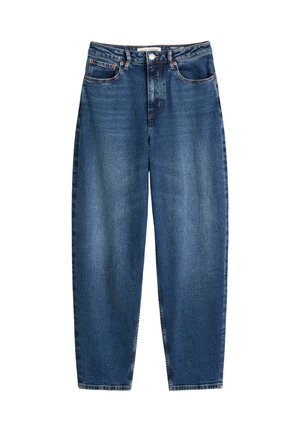 Niebieskie dżinsy o prostym kroju z przednimi kieszeniami, szlufkami na pasek, zapięciem na guzik oraz z efektem wytarcia na udach i kolanach.