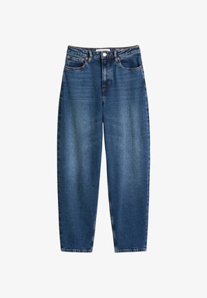 Niebieskie dżinsy o prostym kroju z przednimi kieszeniami, szlufkami na pasek, zapięciem na guzik oraz z efektem wytarcia na udach i kolanach.