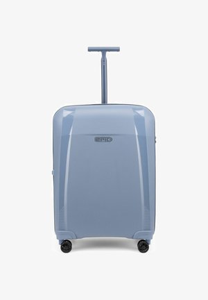 Hellblauer Hartschalenkoffer mit ausgezogenem Teleskopgriff, vier schwarzen Spinner-Rollen und "EPIC"-Logo vorne.