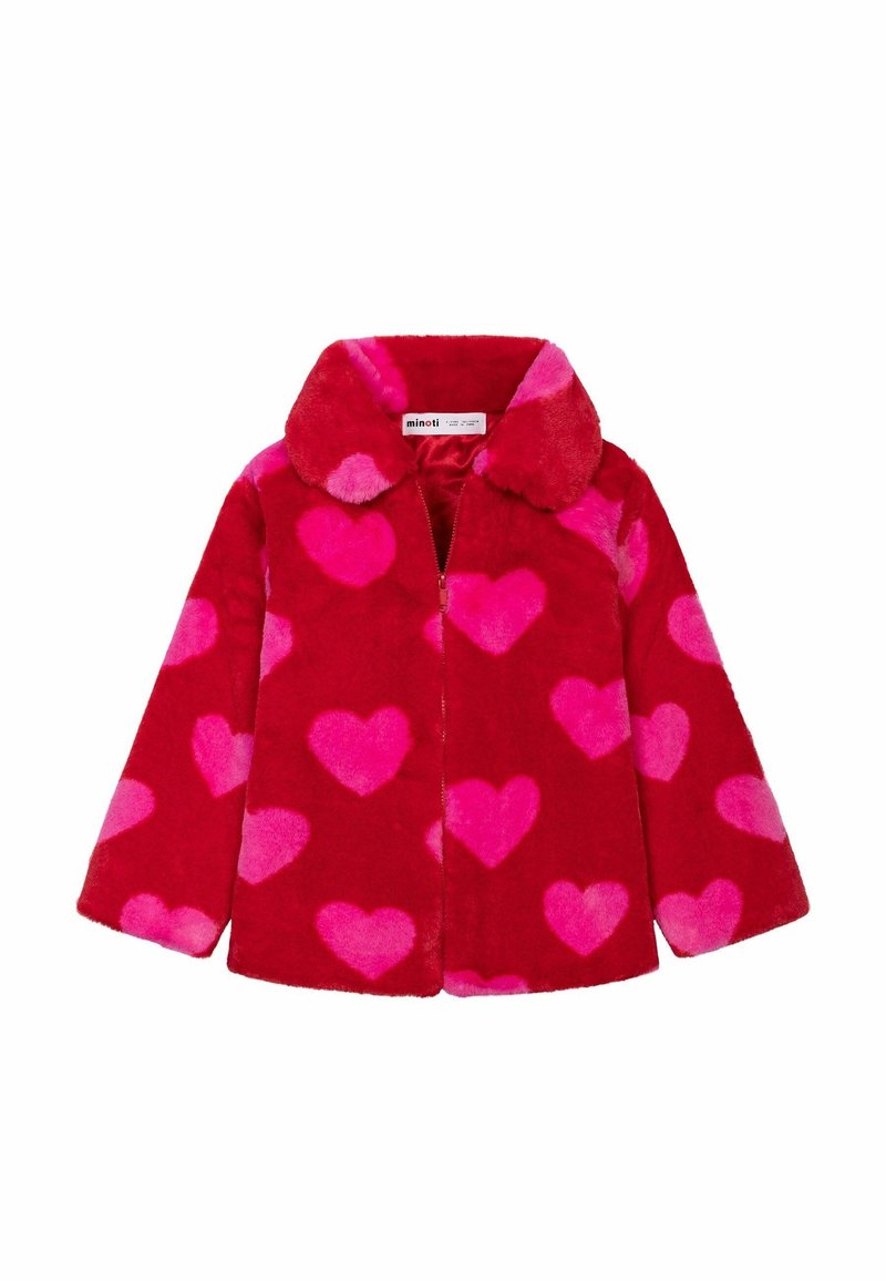 Czerwony płaszcz z sztucznego futra z różowym wzorem serduszek, z kołnierzem, zapięciem na zamek błyskawiczny z przodu i długimi rękawami. Miękka tekstura, casualowy design.