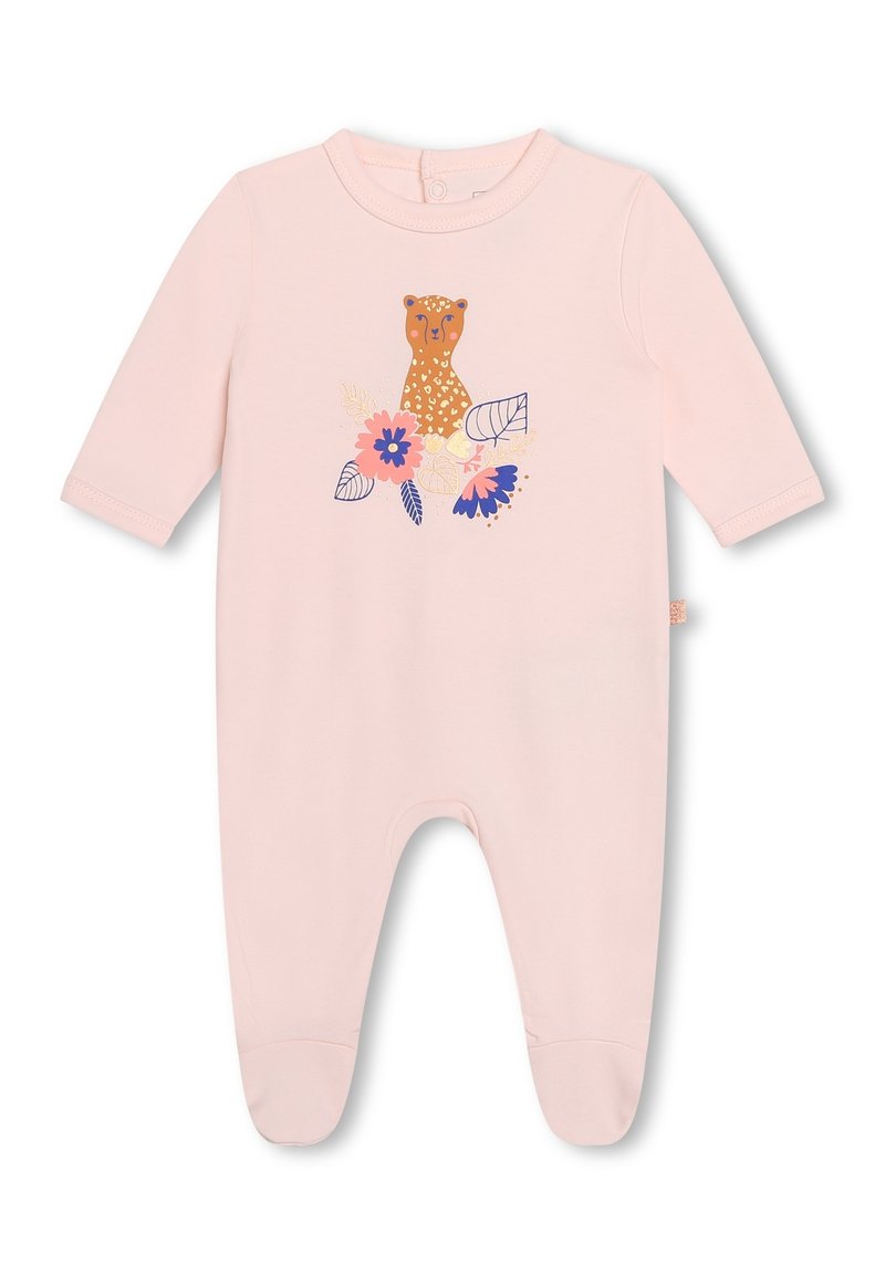 Un combiné rose à manches longues fait en tissu doux, présentant un motif léopard avec des fleurs et des feuilles dans des tons de bleu et de rose.