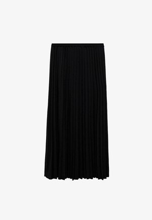 Zwarte geplooide rok van stof met een elastische tailleband, met verticale plooien en een lange, vloeiende ontwerp. Geen duidelijke patronen.