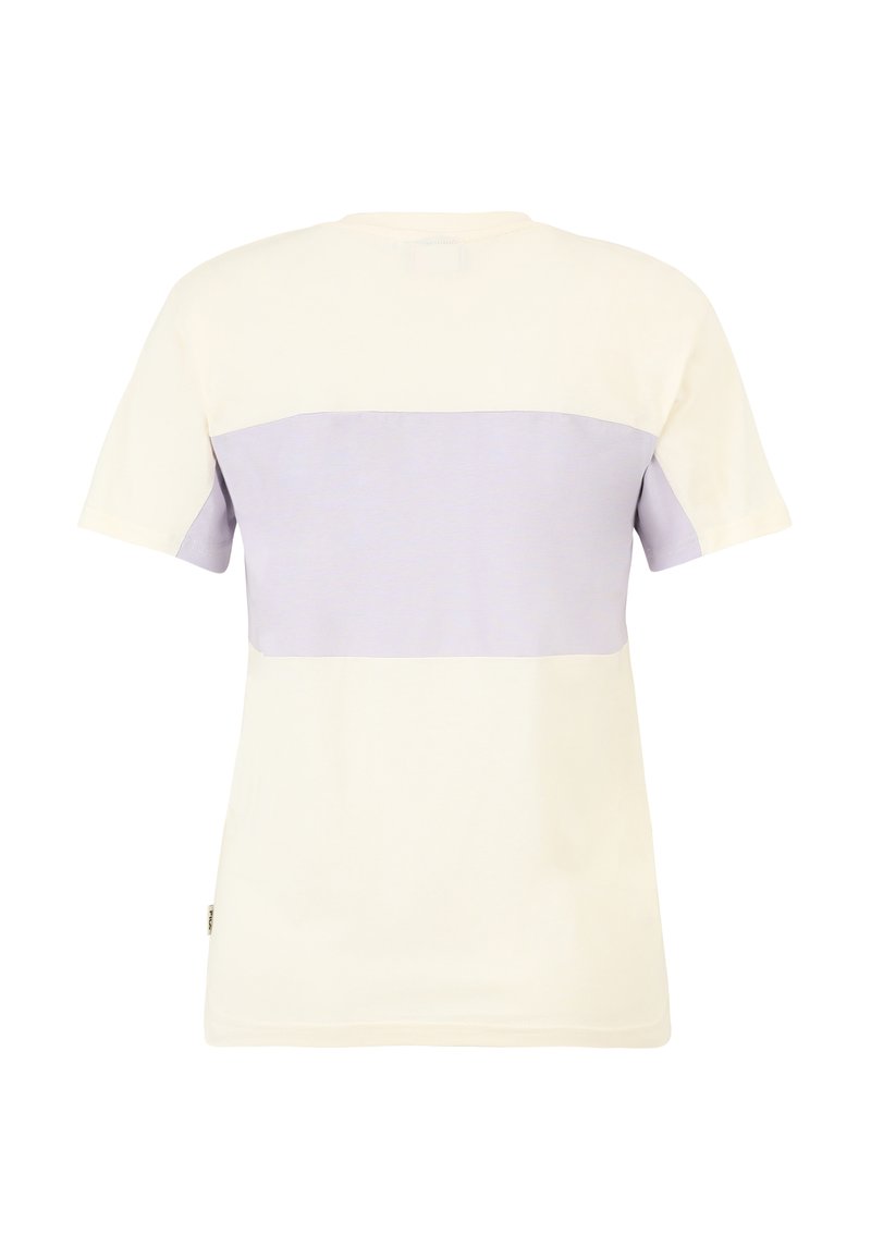 T-shirt à manches courtes avec un corps crème, doté d'une rayure horizontale lavande au centre et d'une texture lisse et douce.