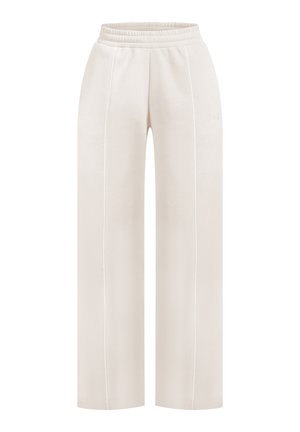 Pantalones de pierna ancha con cintura elástica en color crema con detalle de costuras verticales en la parte delantera y bolsillos laterales sutiles.