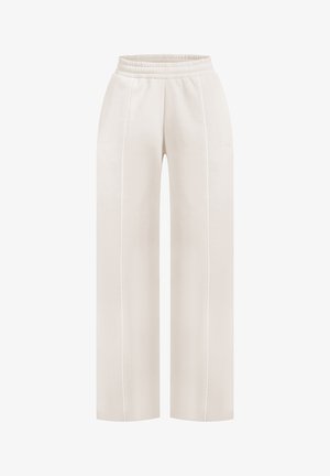 Pantalones de pierna ancha con cintura elástica en color crema con detalle de costuras verticales en la parte delantera y bolsillos laterales sutiles.