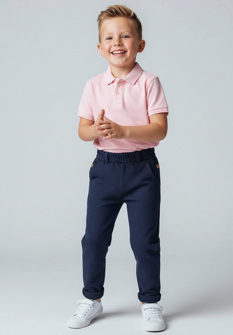 Młody chłopiec uśmiechający się, ubrany w różową koszulkę polo, granatowe spodnie i białe trampki, stoi na tle jednolitego jasnoszarego tła.
