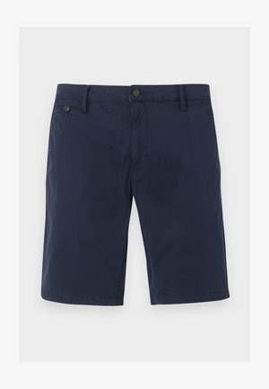 Moške kratke hlače casual temno modre barve z zankami za pas, sprednjim gumbom, zadrgo in dvema sprednjima žepoma na enobarvnem ozadju.