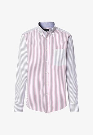 Koszula z paskami z guzikami, z naprzemiennymi czerwonymi i granatowymi paskami na białym tle, z kieszonką na piersi i klasycznym kołnierzykiem.