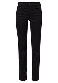 Jeans de mezclilla negra con corte recto, diseño de cinco bolsillos y cierre frontal con botón. La tela es suave y tiene un ligero estiramiento.
