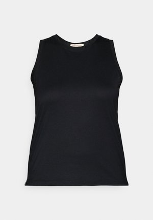 Fekete ujjatlan felső sima, rugalmas anyagból, kerek nyakkivágással és testhez álló fazonnal, tiszta vonalakkal és látható fém alkatrészek nélkül.