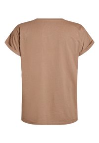 Braunes kurzärmliges T-Shirt mit rundem Ausschnitt und umgeschlagenen Ärmeln. Glatte Textur und lockere Passform mit gerader Säume am unteren Ende.