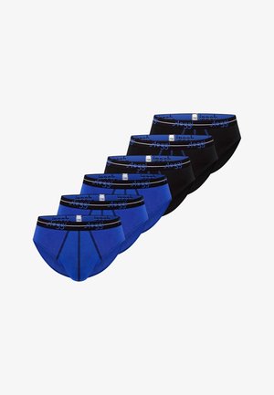 Zes herenonderbroeken in een verspringende rij, drie blauwe en drie zwarte, allemaal met zwarte taillebanden met daarop de merknaam "Sloggi" in blauw.