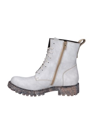 White suede ankle boot with a textured brown and black speckled sole, featuring a side zipper and front lacing.