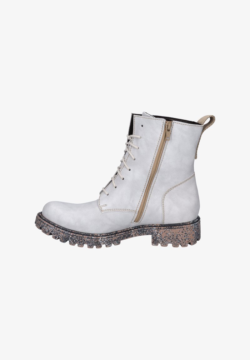 White suede ankle boot with a textured brown and black speckled sole, featuring a side zipper and front lacing.