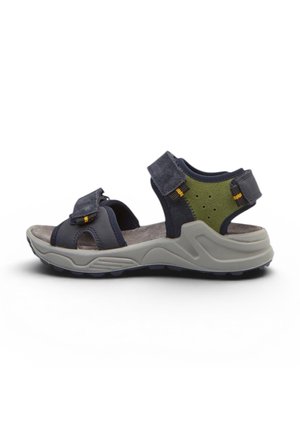Sandalo outdoor da uomo con cinturini blu navy e oliva, chiusure in velcro regolabili e suola beige imbottita per supporto e comfort.