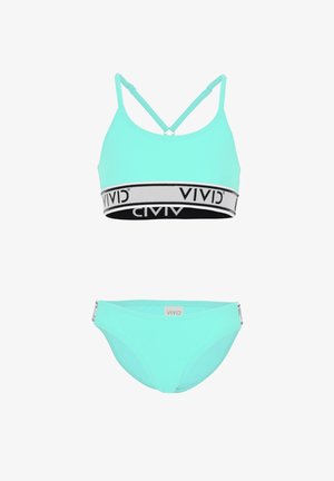 Svijetloplavi bikini set koji se sastoji od sportskog grudnjaka s VIVID logom na traci i odgovarajućih bikinija s bočnim detaljima. Glatka tekstura.