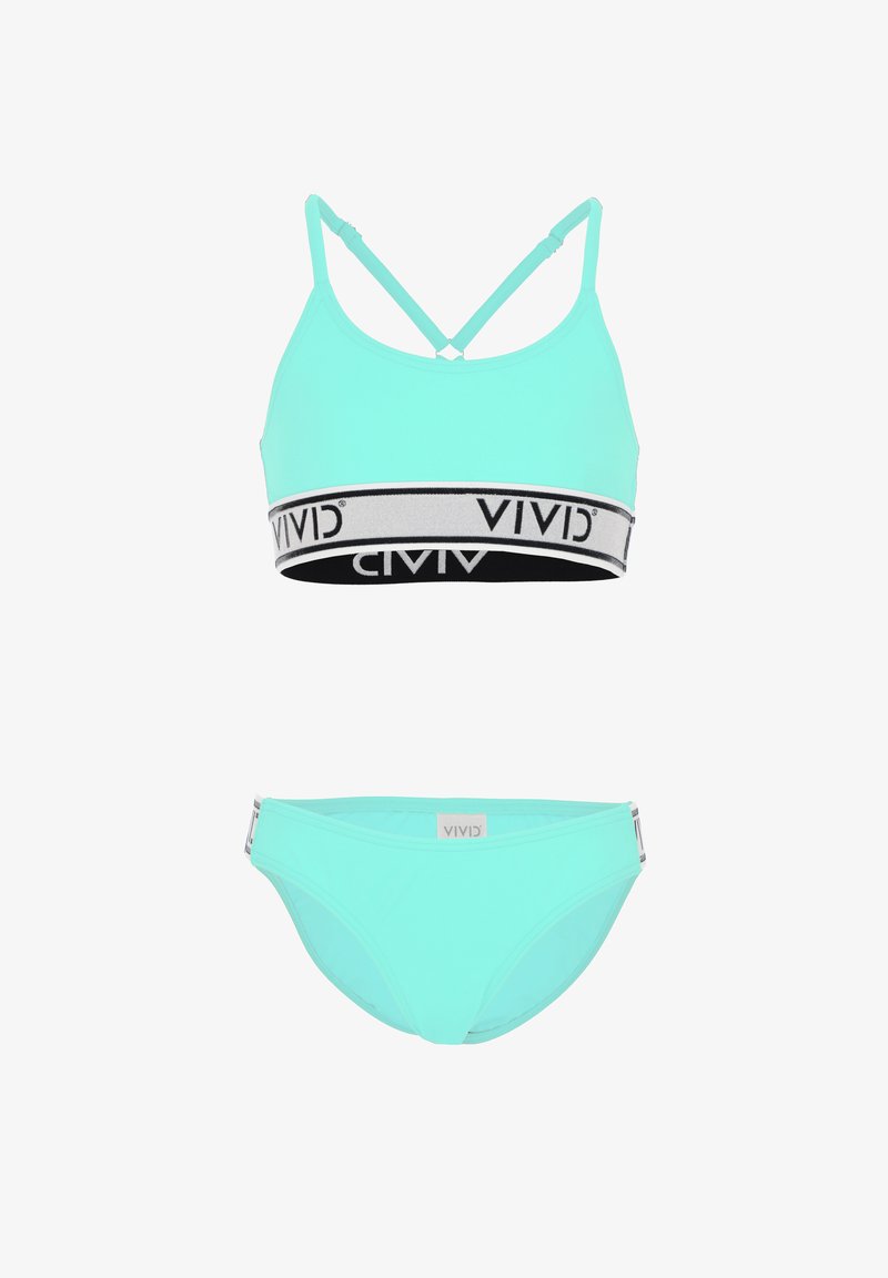 Set di bikini azzurro chiaro composto da un top sportivo con una fascia con logo VIVID e uno slip coordinato con dettagli laterali. Tessuto morbido.
