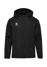 Schwarze Kapuzenjacke aus leichtem, wasserabweisendem Material. Verfügt über einen Frontreißverschluss, zwei seitliche Taschen und ein Logo auf der Brust.