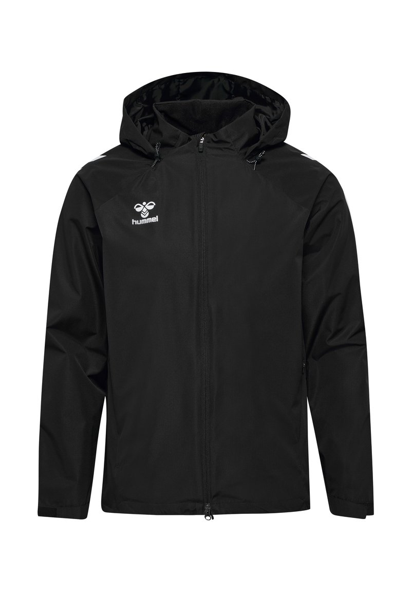 Schwarze Kapuzenjacke aus leichtem, wasserabweisendem Material. Verfügt über einen Frontreißverschluss, zwei seitliche Taschen und ein Logo auf der Brust.