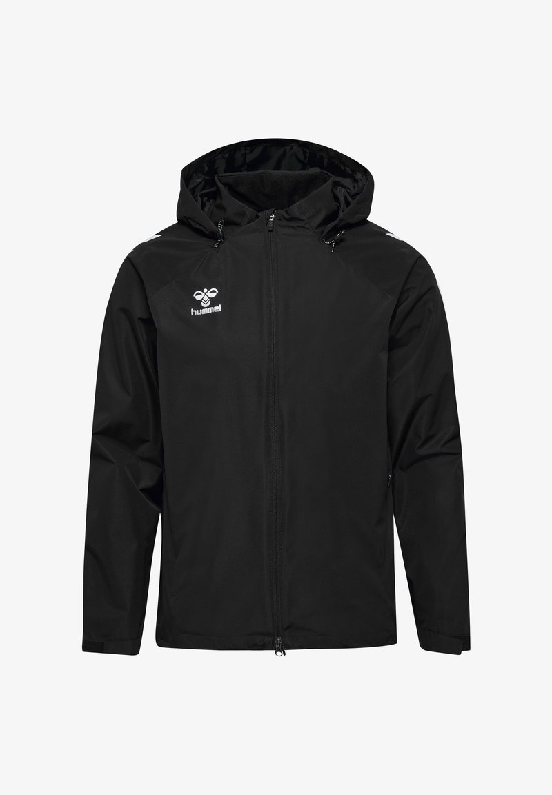 Schwarze Kapuzenjacke aus leichtem, wasserabweisendem Material. Verfügt über einen Frontreißverschluss, zwei seitliche Taschen und ein Logo auf der Brust.