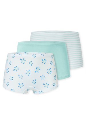 Drei Paar Shorts aus weicher Baumwolle: eine weiße mit blauem Schildkrötendruck, eine einfarbige mintgrün, eine leicht gestreifte Mint- und Weiße.