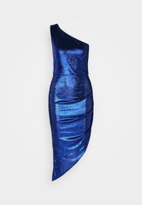 Enbärande klänning med en axel i metallisk kungblått tyg med glansig yta, asymmetrisk fåll och samlad detalj på sidan.