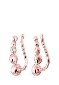 Pendientes de oro rosa con un diseño de gancho curvado, con una serie de cuentas esféricas de tamaños graduados, marcados con "925" para plata de ley.