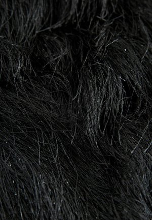 Black synthetic fur with long, coarse fibers; varying textures and subtle sheen create a layered appearance with reflective accents.
