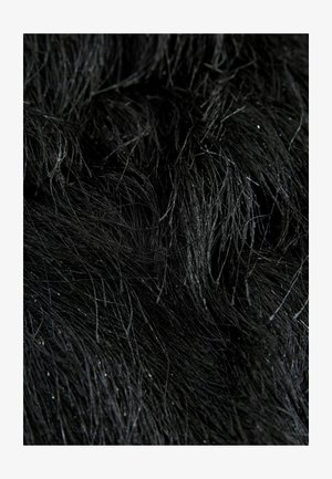 Black synthetic fur with long, coarse fibers; varying textures and subtle sheen create a layered appearance with reflective accents.