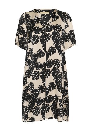 Abito a maniche corte in morbido tessuto beige, caratterizzato da un audace motivo di foglie tropicali nere. Design a V con una vestibilità rilassata e aperture laterali.