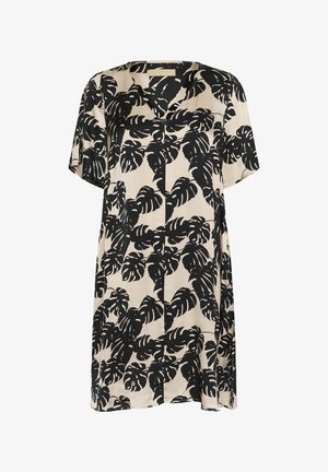 Abito a maniche corte in morbido tessuto beige, caratterizzato da un audace motivo di foglie tropicali nere. Design a V con una vestibilità rilassata e aperture laterali.