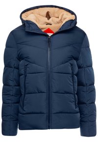 Donkerblauwe gewatteerde jas met een ritssluiting aan de voorkant, een doorgestikt ontwerp, een met fleece gevoerde capuchon en twee voorzakken met rits. Heeft een rood accent aan de binnenkant.