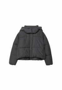 Mørkegrå pufferjakke med hætte, der har en boxy form, quiltet tekstur og elastiske manchetter. Frontlukning med zip og sidelommer.