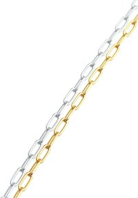 Två sammanlänkade kedjor, en i guld och en i silver, med avlånga, ovala länkar arrangerade i alternerande mönster, som visar metalliska texturer.