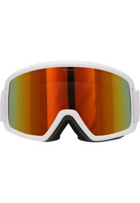 Lunettes de ski avec une monture blanche, des verres orange miroir et un rembourrage en mousse noire. Bandes blanches ajustables sur les côtés pour un maintien sécurisé.