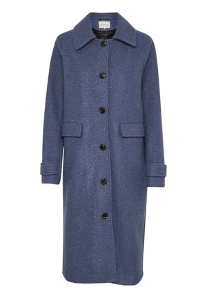 Wool blend coat in dark blue, featuring a collared neckline, front button closure, two flap pockets, and textured fabric.