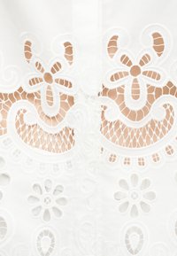 Λευκό δαντελένιο ύφασμα με λουλουδένια μοτίβα και περίπλοκες λεπτομέρειες από δίχτυ, με λουλούδια και καμπυλωτά διακοσμητικά σχήματα σε ανοιχτόφωτο φόντο.