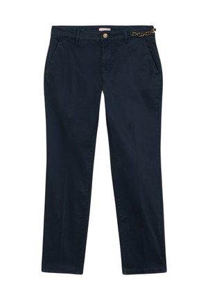 Pantaloni in cotone blu navy con design a gamba dritta, dotati di un accento di catena dorata in vita e due tasche laterali.