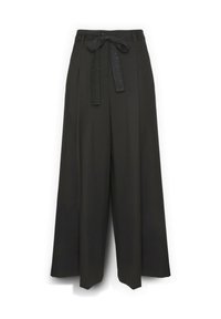 Zwarte wijde broek van soepel materiaal, met een tailleband met een gestructureerde strik en voorplooien voor extra detail.