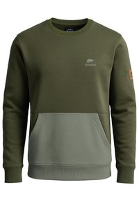 Sudadera de color verde oliva con una sección inferior de un verde más claro, que incluye un bolsillo frontal, puños acanalados y un logo bordado en el pecho.