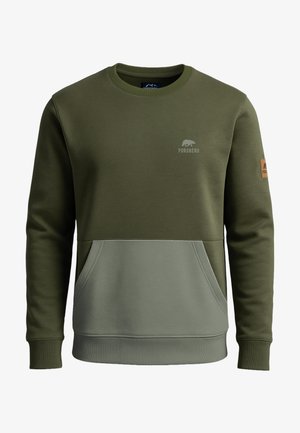 Felpa verde oliva con una sezione inferiore di un verde più chiaro, dotata di tasca frontale, polsini a costine e logo ricamato sul petto.